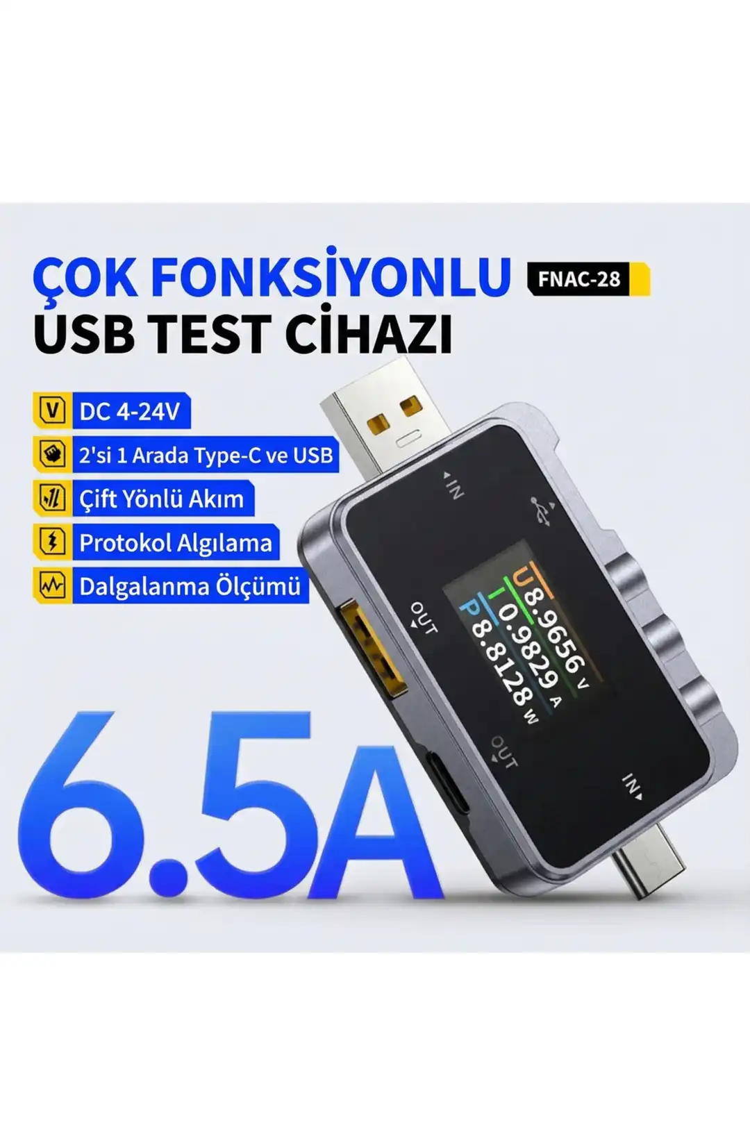 FNRSI FNAC-28 2'si 1 Arada Tip-C USB Test Cihazı Dijital Voltmetre Ampermetre