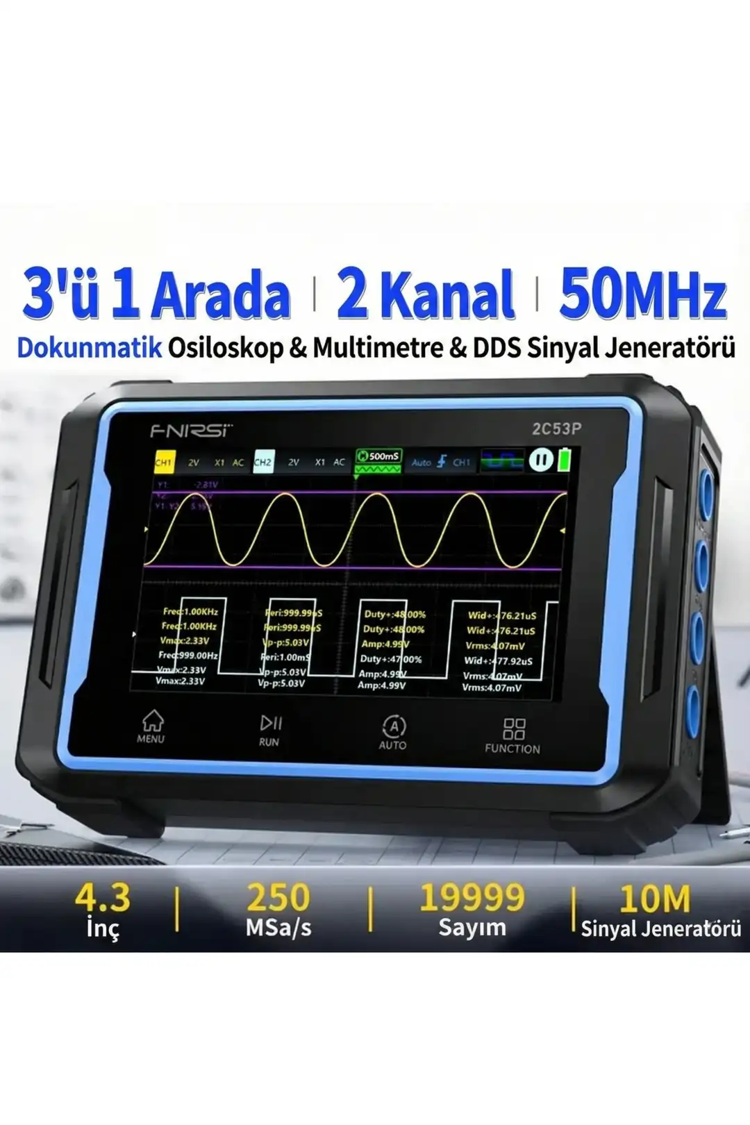 FNIRSI 2C53P 3'ü1 Arada Çift Kanallı Tablet Osiloskop + Multimetre + Fonksiyon Jeneratörü
