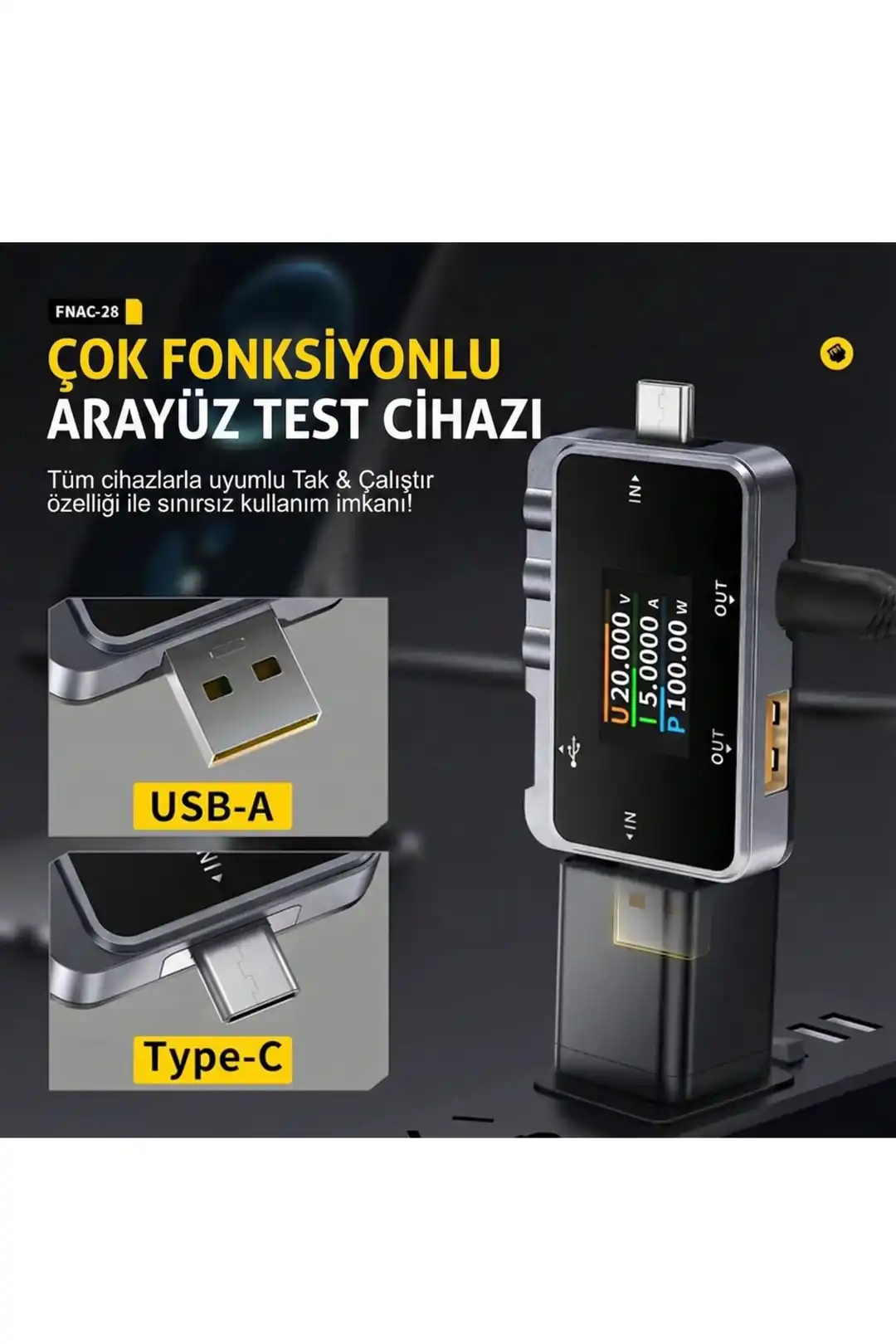 FNRSI FNAC-28 2'si 1 Arada Tip-C USB Test Cihazı Dijital Voltmetre Ampermetre
