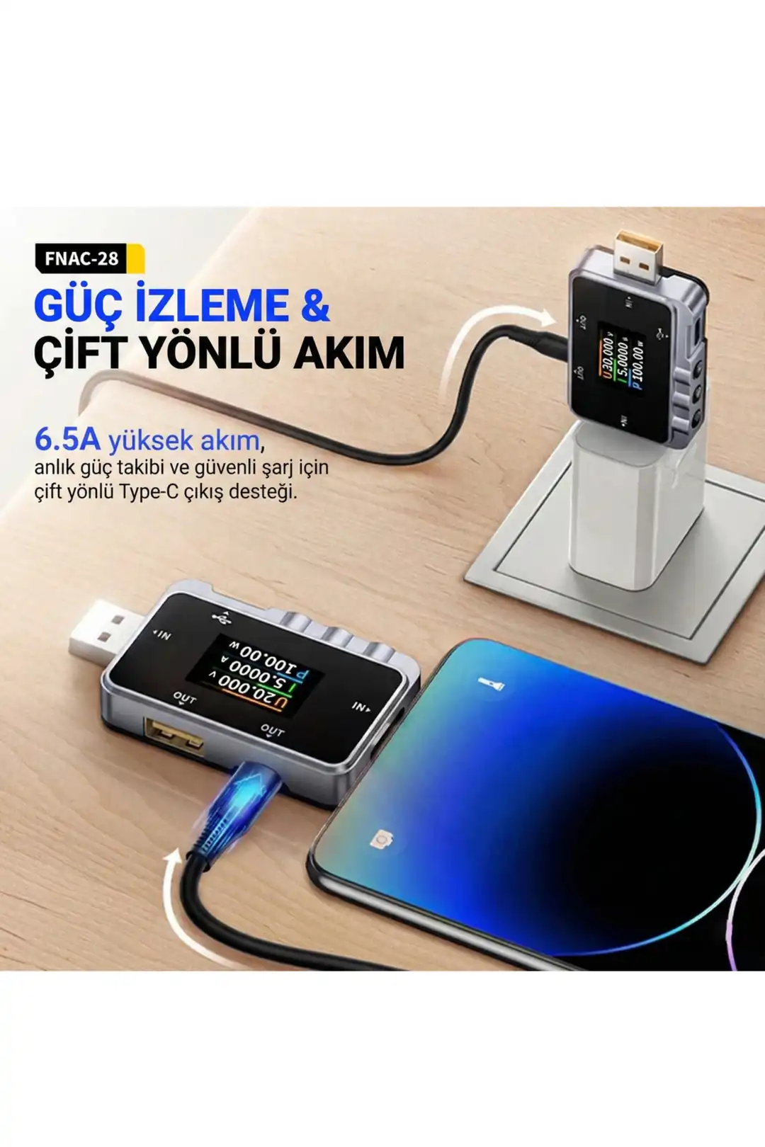 FNRSI FNAC-28 2'si 1 Arada Tip-C USB Test Cihazı Dijital Voltmetre Ampermetre